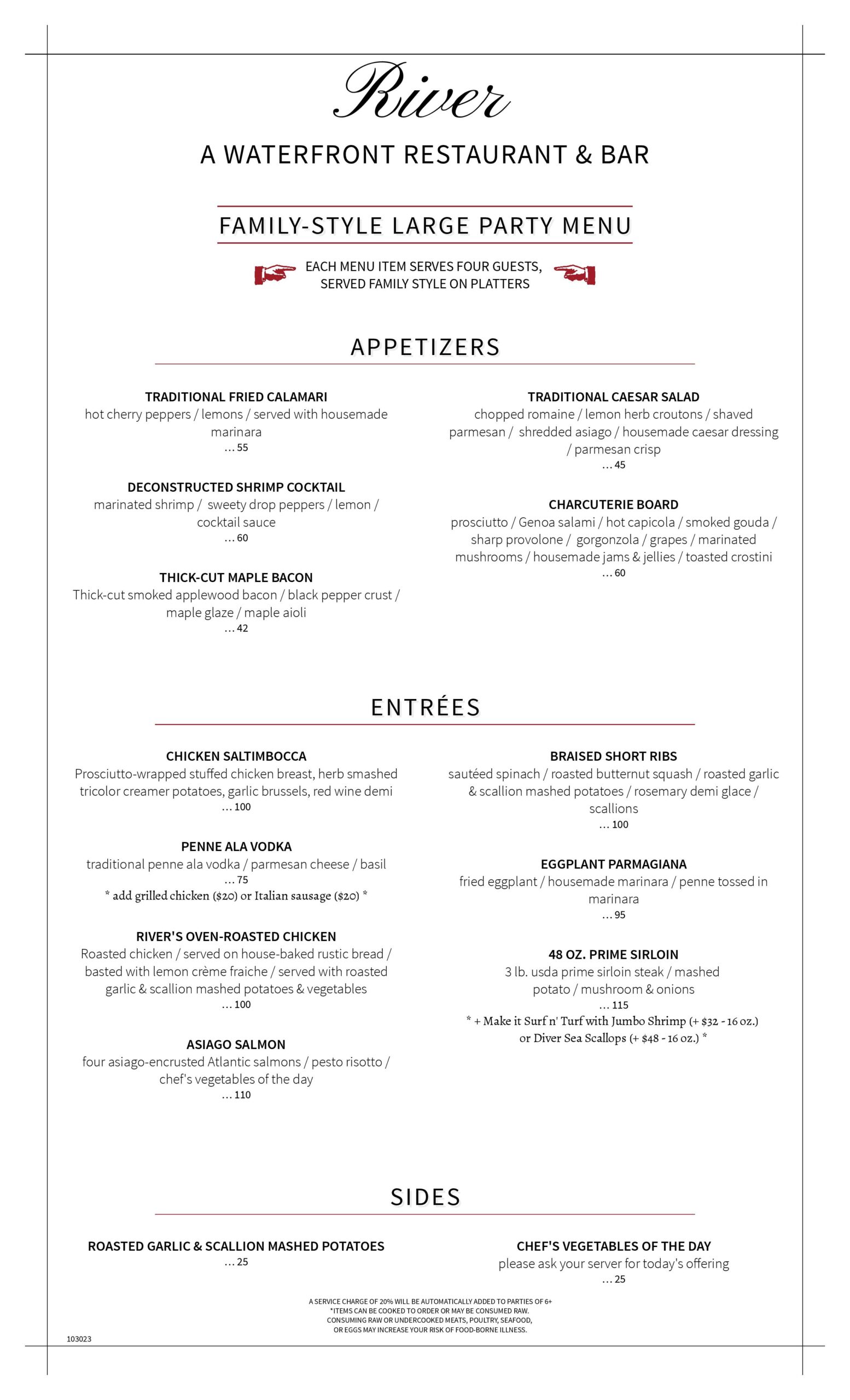 River's Large Party Dinner Menu | River: A Waterfront Restaurant & Bar